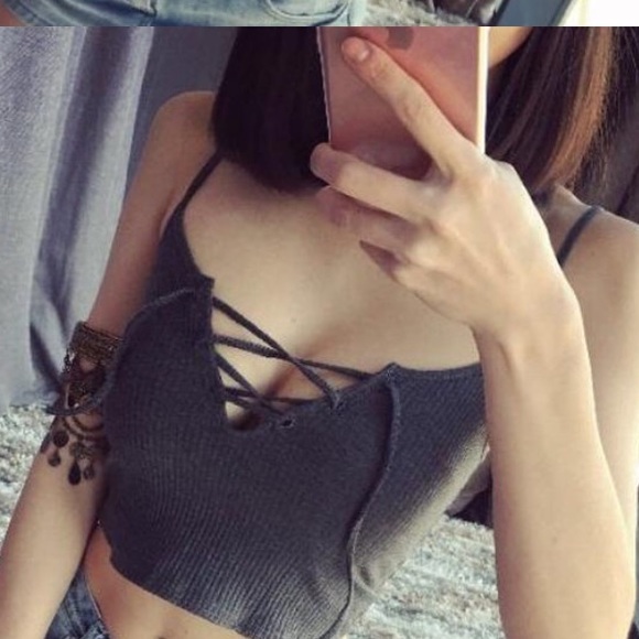 Moon City - Lace-Up Ribbed Cropped Camisole Top - Picture 2 of 3